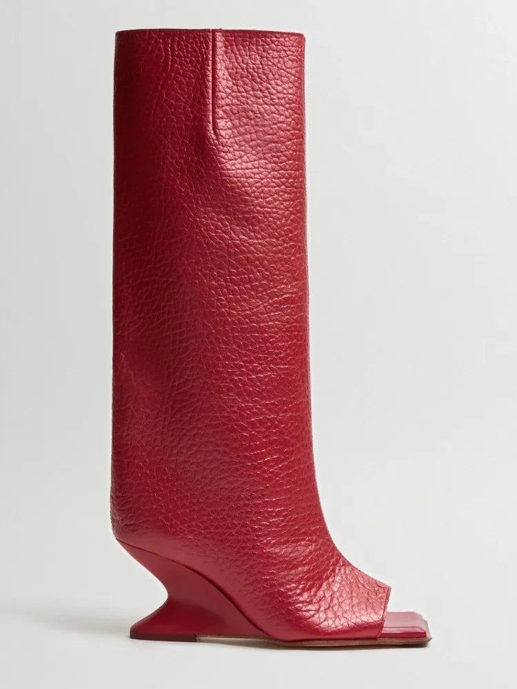 Square toe knee-high boot with high heel in stone pattern