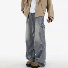 Autumn High Street Pleated Cargo Jeans For Men Pocket Straight Wide-leg Denim Pantalones Hombre Hip Hop Fashion Y2K Baggy Jean