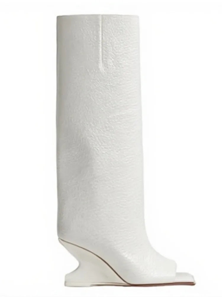 Square toe knee-high boot with high heel in stone pattern