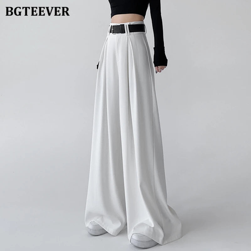High waist wide-leg solid long trousers with pockets