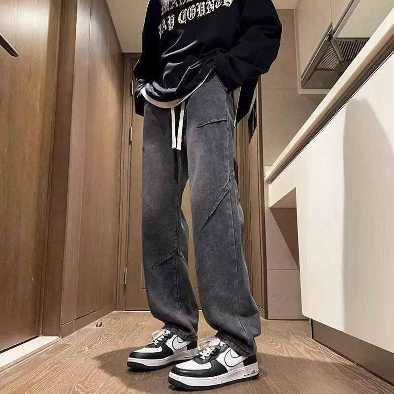 New Hip Hop Fashion Drawstring Jeans Men's Streetwear Vintage Wide Leg Straight Denim Trousers Y2K Baggy Pantalones Hombre