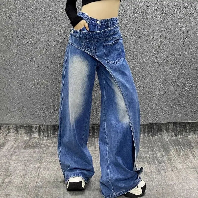 High waist wide-leg straight jeans in blue patchwork denim