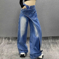 High waist wide-leg straight jeans in blue patchwork denim