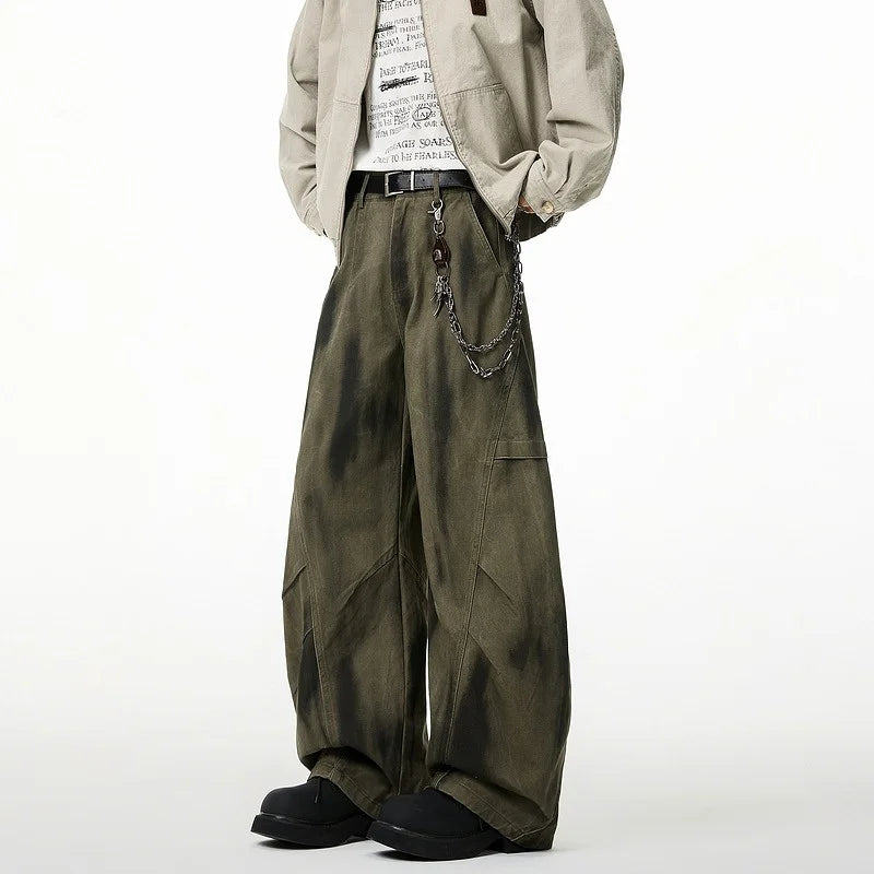 2025 New Men's Pleated Distressed Retro Straight Jean High Street Fashion Baggy Cargo Denim Pants Y2K Vintage Youth jeans homme