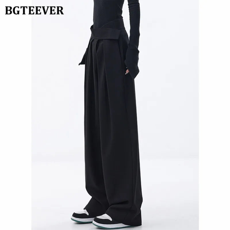 High waist floor-length wide-leg suit trousers with pockets