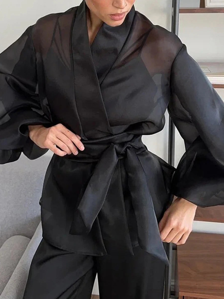 TWOTWINSTYLE Black Loose Spliced Lace Up Shirts for Women V Neck Long Sleeve French Temperament Shirt Female Autumn Fashion New