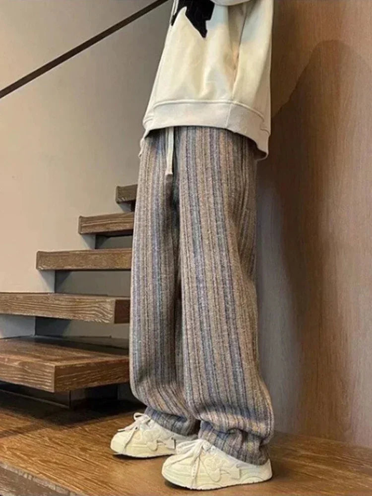 2026 New Men's Striped Woolen Straight Leg Trousers Classic Y2K Vintage Baggy Pants Casual High Street Fashion Gym Sweatpants