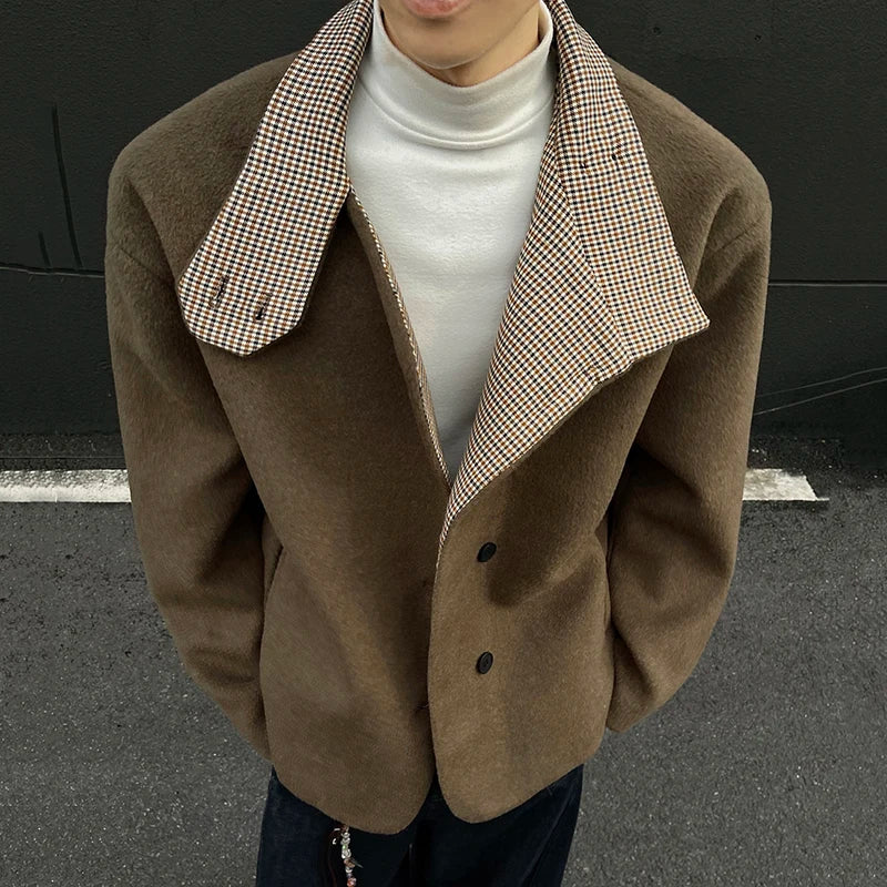 IEFB Fashion Minimalist Solid Color Warm Men's Wool Jacket Stand Collar Long Sleeves Thicken Coat Winter New Tide 9X2038