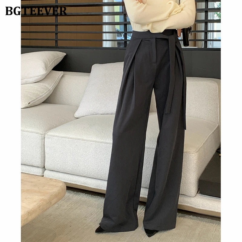 High waist straight suit pants with lace-up and wide leg