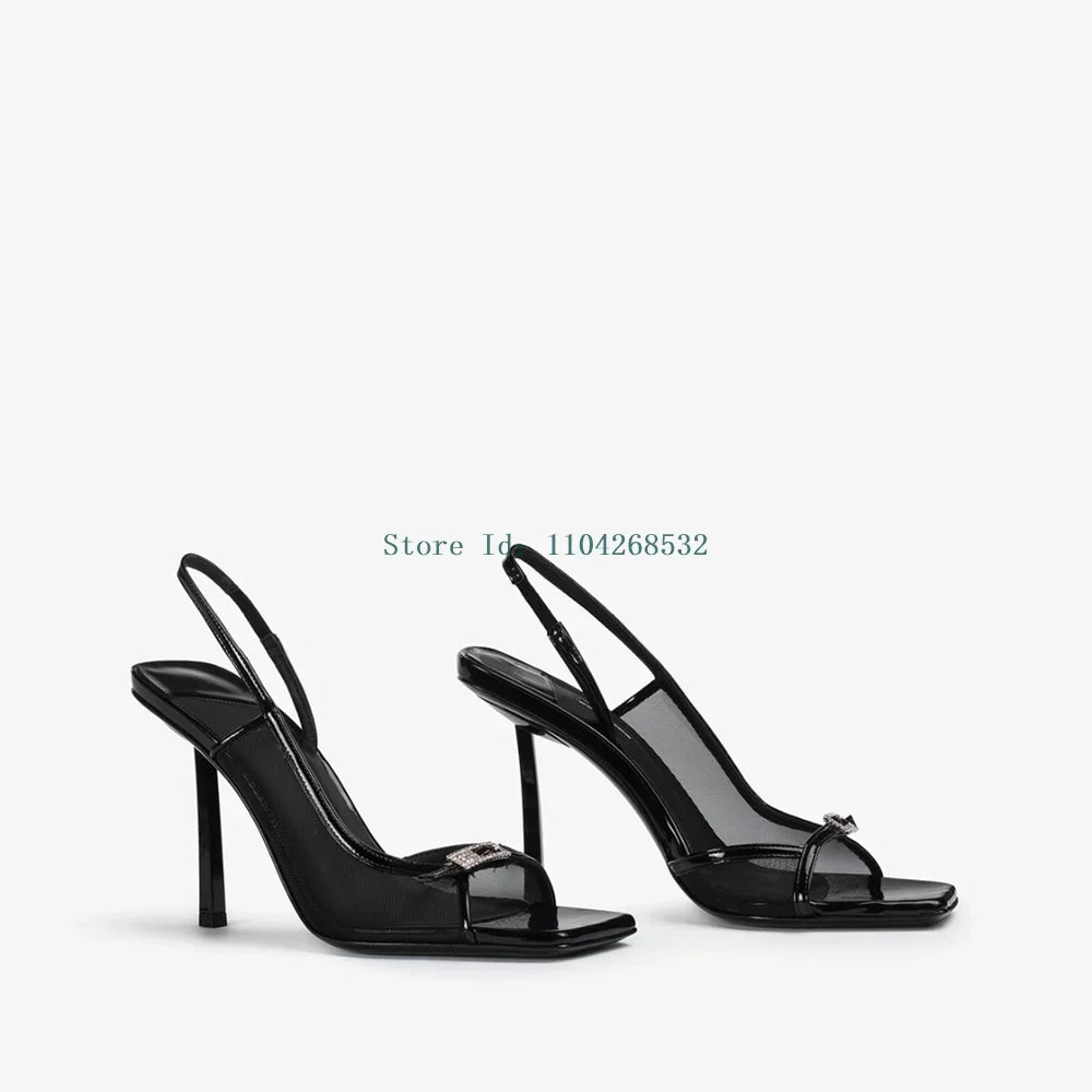 Square toe thin heel sandal in crystal mesh with mixed colors