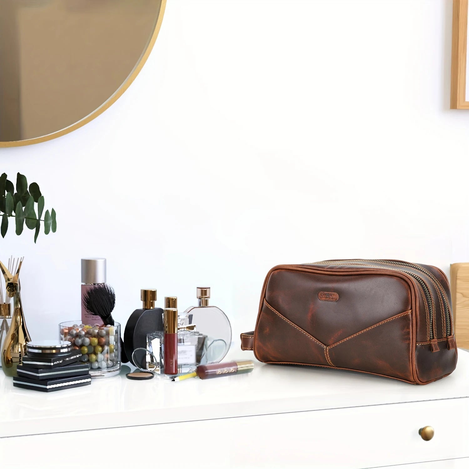 Vintage Crazy Horse Leather men cosmetic Case makeup bag travel toiletry hand-held make up wash bags Double Zipper man organizer