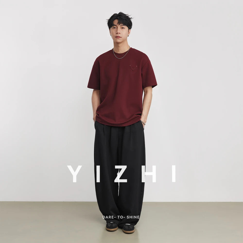 Men's Heavyweight 280g 2026 Summer New Cotton Solid Color Short Sleeve T-Shirt Crew Neck Triangle Label All-match Minimalist Tee