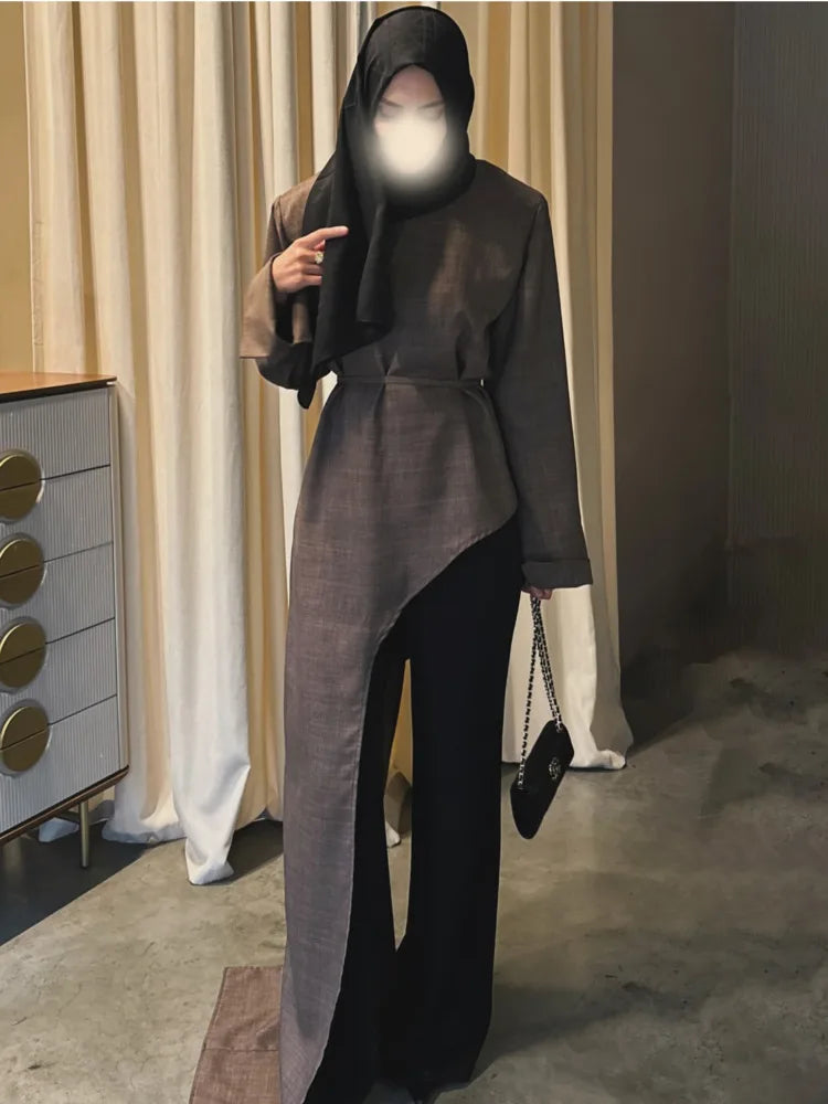 Linen blazer with tie waist and asymmetric hem in dark brown