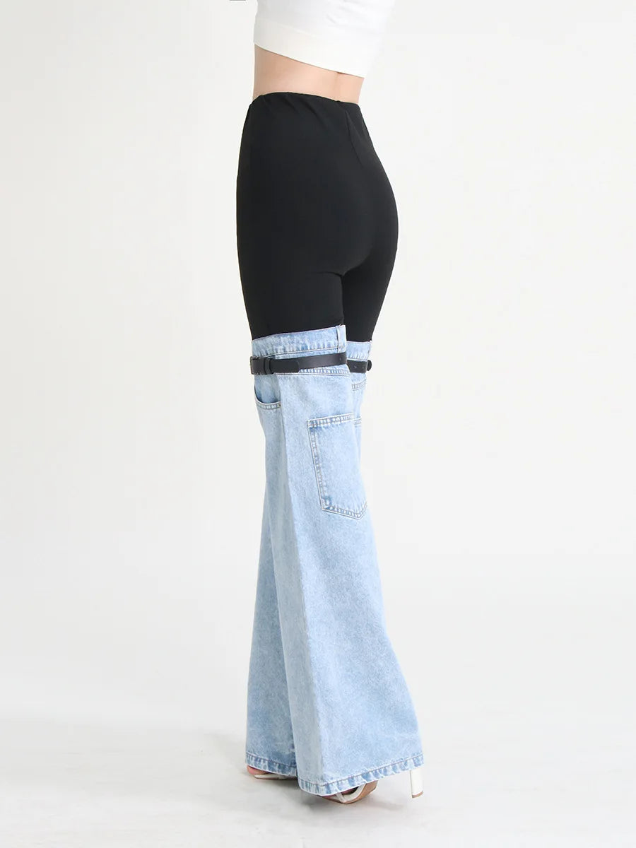 High waist flare jeans in denim patchwork