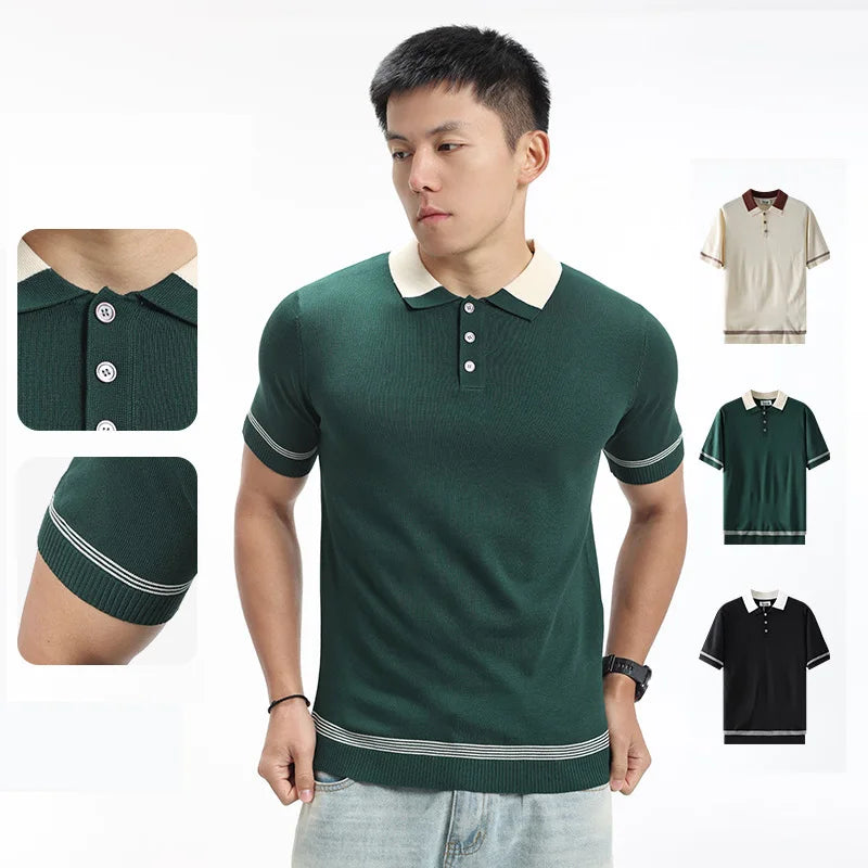 Summer Knitted Polo Shirts Men Vintage Fashion Loose Business Casual Short Sleeve T-shirt Cool Breathable Sweater T Shirt Tops
