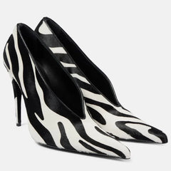 Pointed toe stiletto pump in zebra print suede