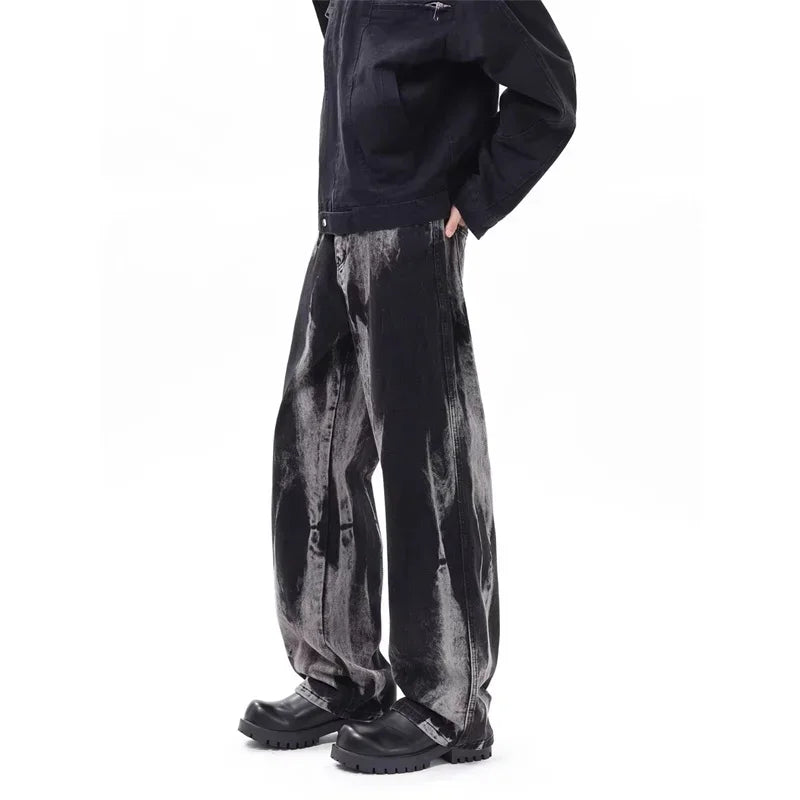 Spring Men's Goth Black Tie-dye Jeans Hip Hop Fashion Gradient Wide-leg Denim Pants 2025 New Y2K Vintage Baggy Jean Hombre