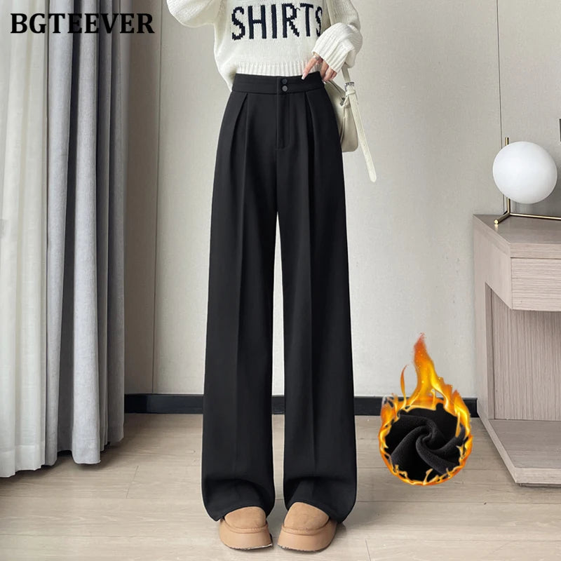 High waist floor-length wide-leg velvet trousers in thickened fabric
