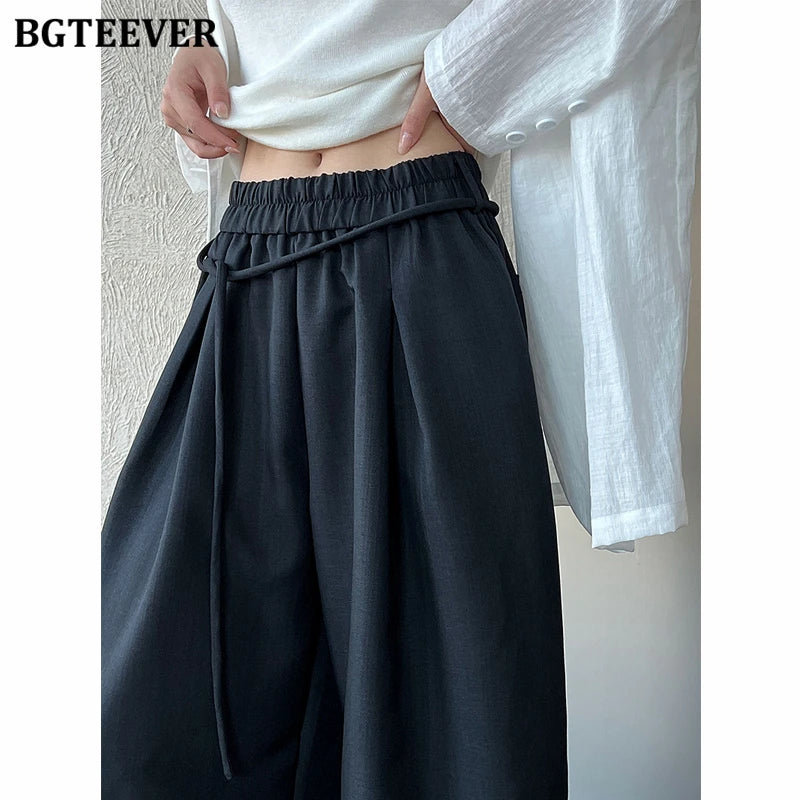 Wide-leg loose suit pants with vintage lace-up