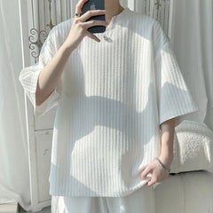 Summer Short Sleeved T-shirt Men Casual Pleated T Shirt Men Streetwear Hip-hop Loose Striped T Shirt Mens Top Large Size 5XL