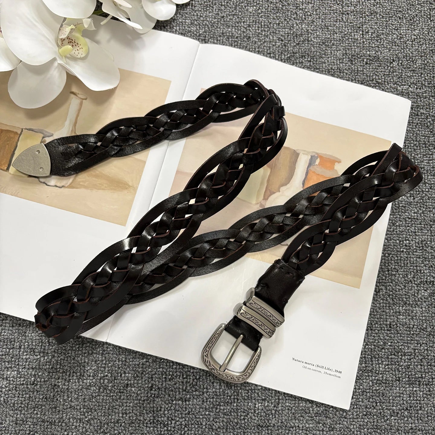 Handwoven genuine leather belt with antique silver buckle for pants