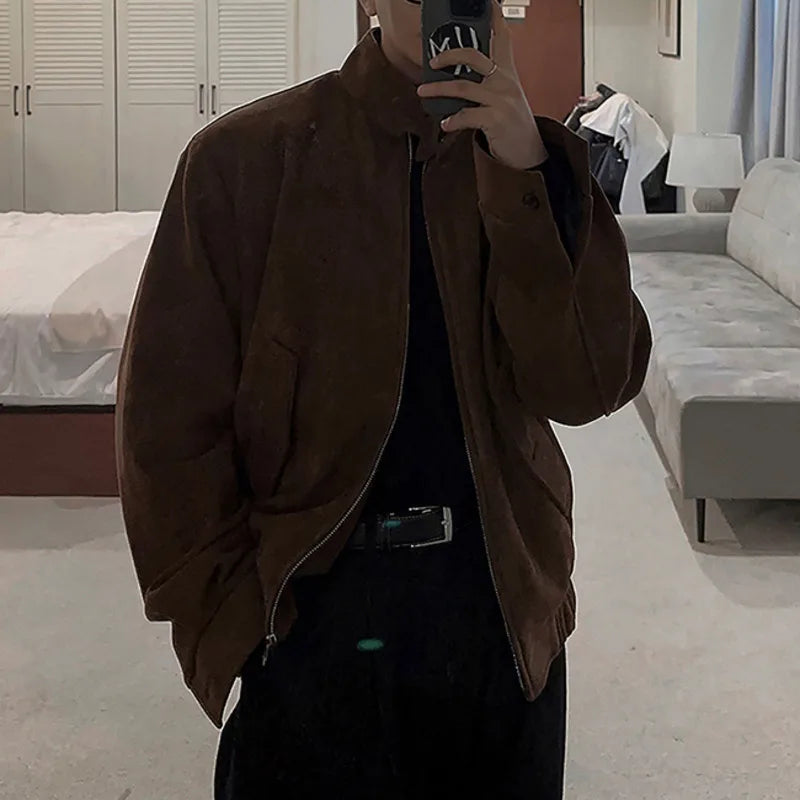 IEFB Autumn Men's Jackets Solid Color Stand Collar Casual Korean Style Menswear Zipper Suede Fabric Loose Male Coats 9X648