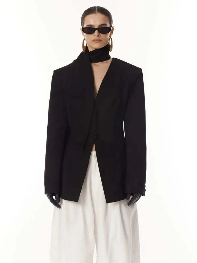 Black V neck asymmetric blazer with padded shoulders in slim fit