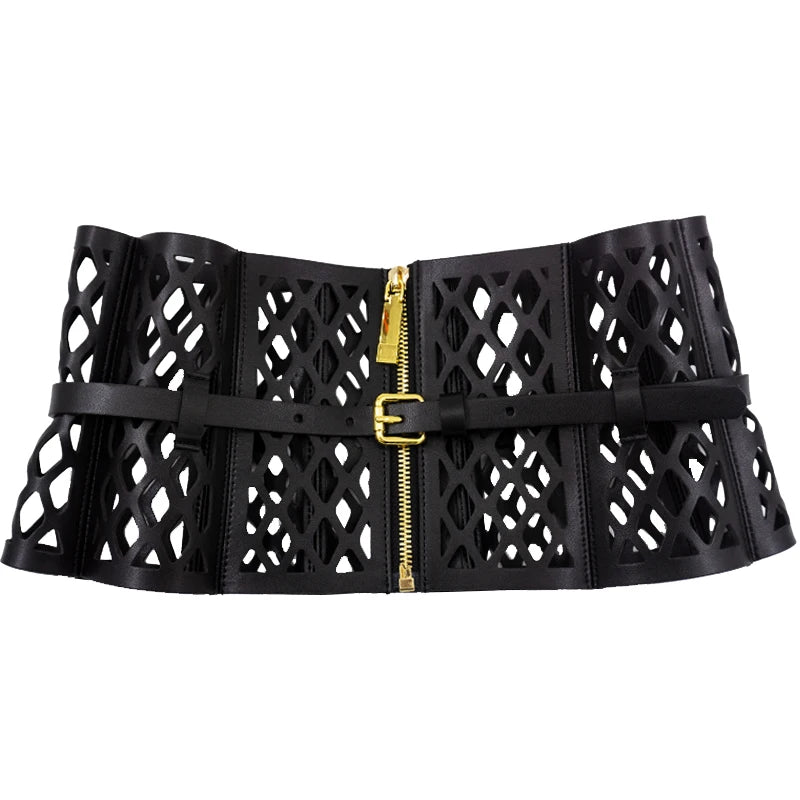 Openwork mesh wide waist belt in curved leather for women