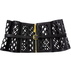Openwork mesh wide waist belt in curved leather for women