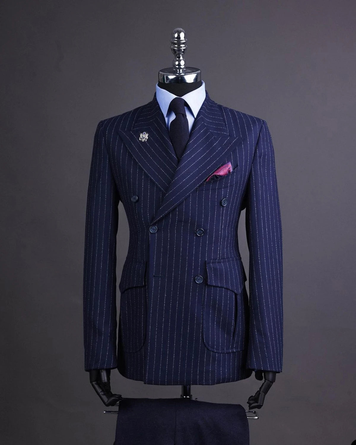 Navy Men's Suits Tailored 2 Pieces Blazer Pants Peaked Lapel Double Breasted Pinstripes New Wedding Groom Custom Made Plus Size