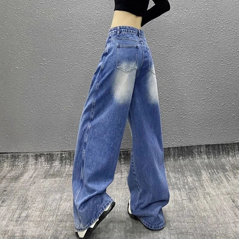 High waist wide-leg straight jeans in blue patchwork denim
