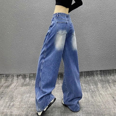 High waist wide-leg straight jeans in blue patchwork denim