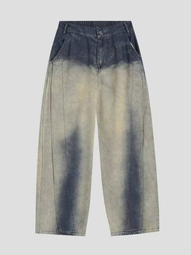 Spring Men's Distressed Vintage Washed Gradient Jeans Hip Hop Straight Wide Leg Baggy Denim Pants High Street Fashion Y2K Jean