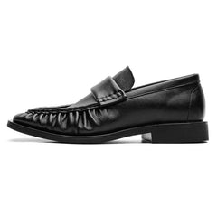 Men's Black Genuine Leather Loafers Square Toe Wrinkle Design Slip-On Casual Dress Shoes Vintage British Style Comfortable Flat
