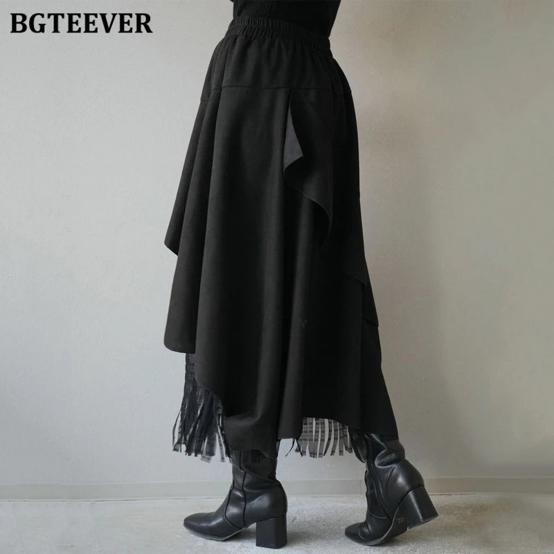 A-line mid-length irregular tassel skirt