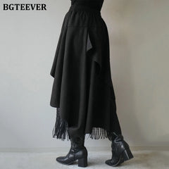 A-line mid-length irregular tassel skirt