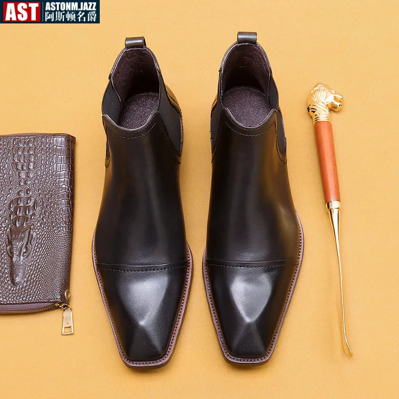 Vintage Italian Mens Chelsea Boots Luxury Genuine Leather Handmade 2024 Designer Fashion Autumn Slip on Business Shoes Boots Man