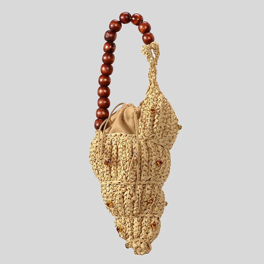 Conch shell woven straw bag with bead strap