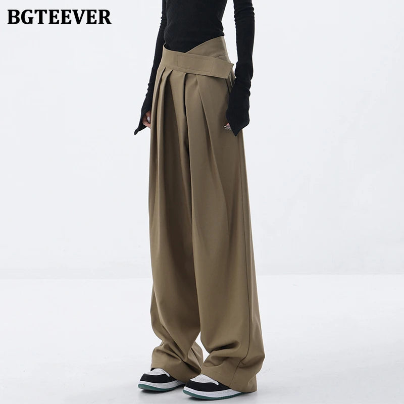 High waist floor-length wide-leg suit trousers with pockets
