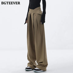High waist floor-length wide-leg suit trousers with pockets