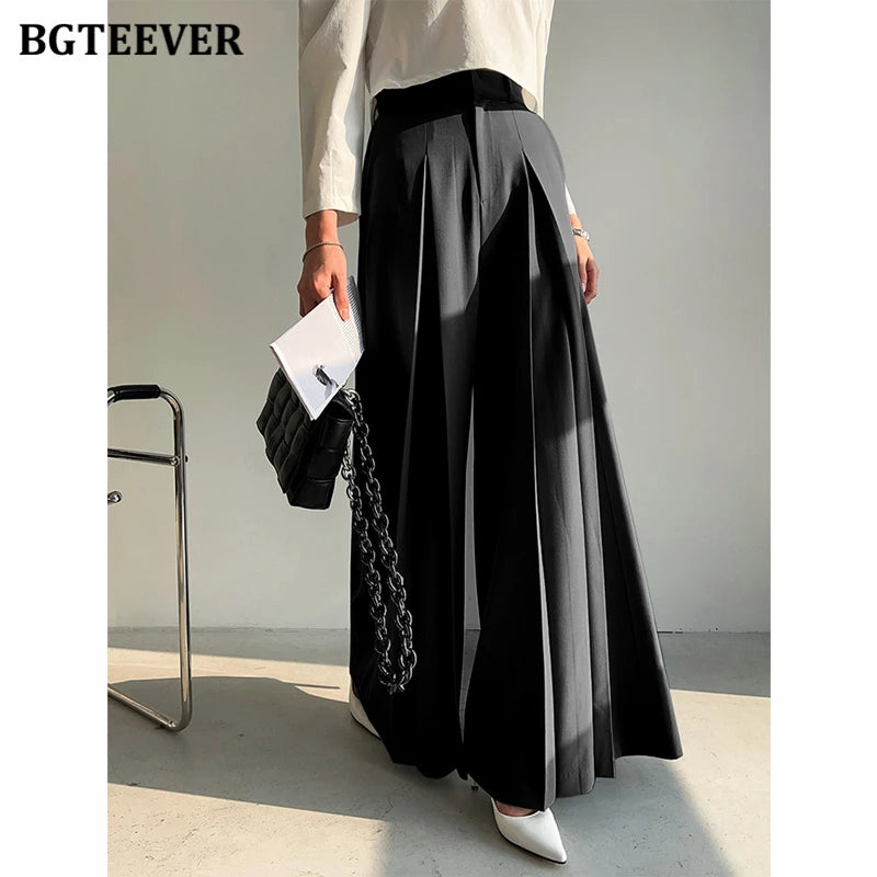 High waist wide-leg loose long trousers with pockets