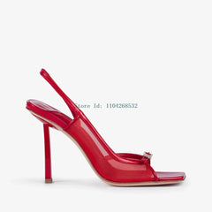 Square toe thin heel sandal in crystal mesh with mixed colors