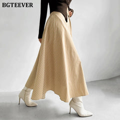 A-line long striped skirt with lace-up and irregular hem