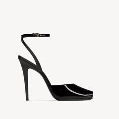 Open toe thin heel pump in shiny green patent leather