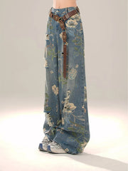 High waist wide-leg distressed jeans with vintage floral print