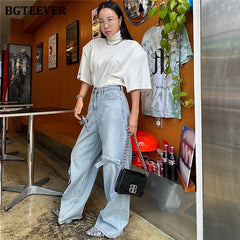 High waist wide-leg floor-length jeans with bow detail