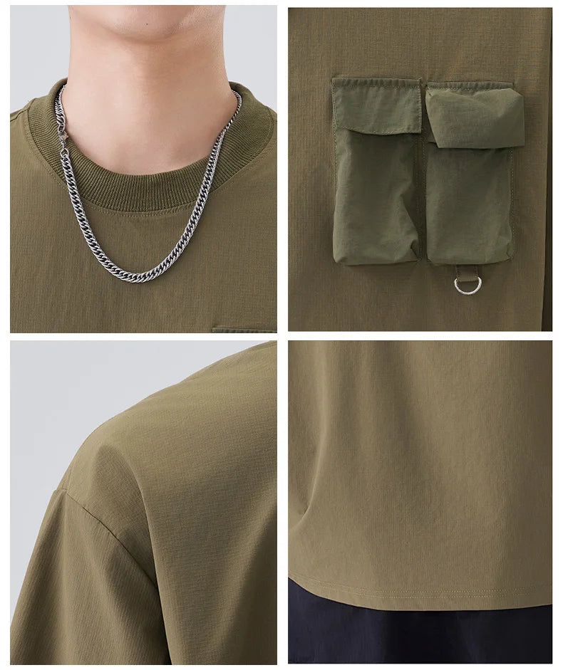 Men's Summer Streetwear 3D Pocket Loose Casual Fashion Outdoor Quick Dry Short Sleeve T-shirt Cityboy T Shirts Tops