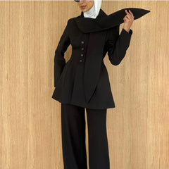 Asymmetric draped collar peplum blazer with structured shoulder in black